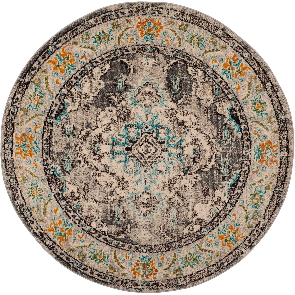 Gray and light blue floral motifs fill this round rug, framed by a cream border dotted with orange