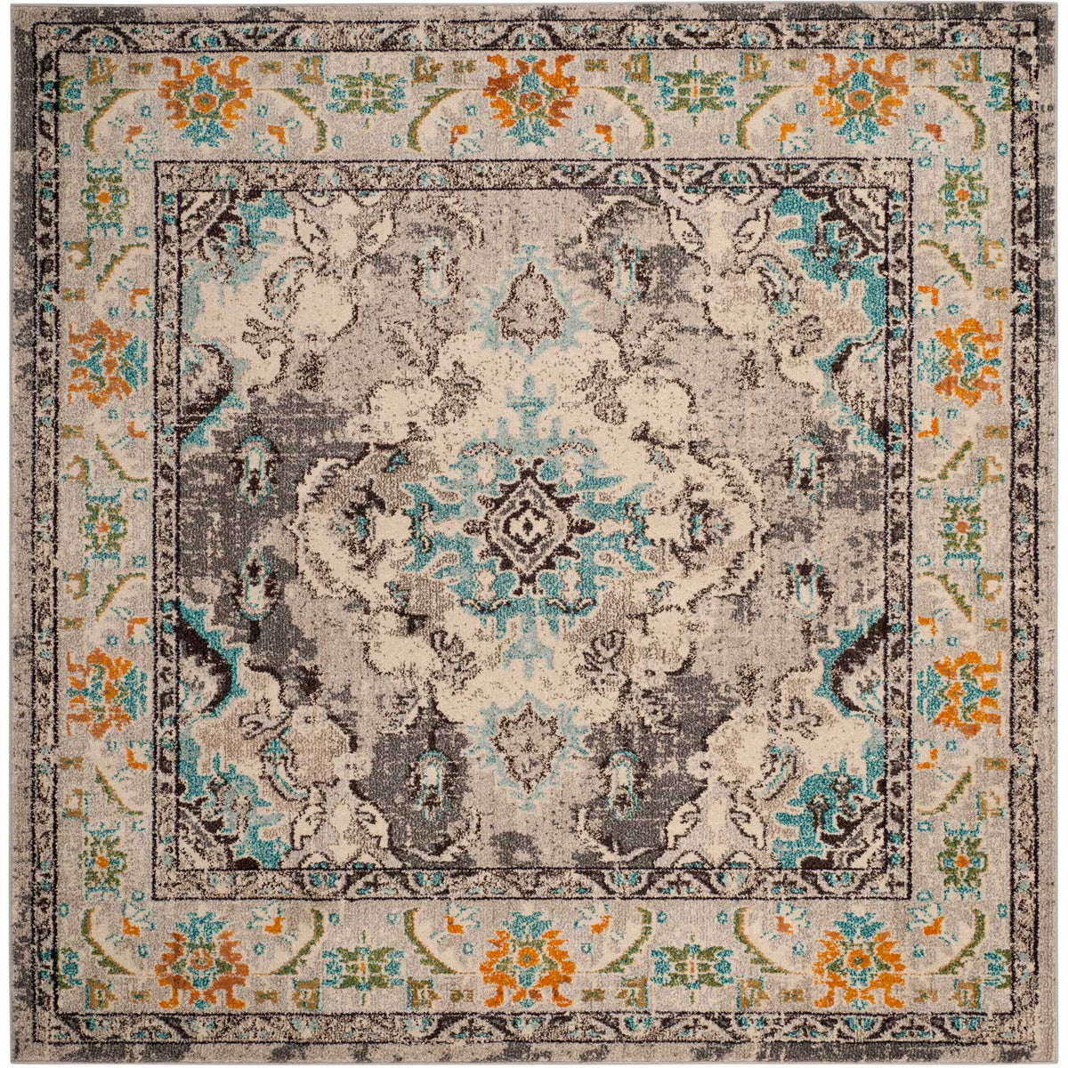 Square gray rug sets a blue-accented ivory medallion inside an ornate floral border