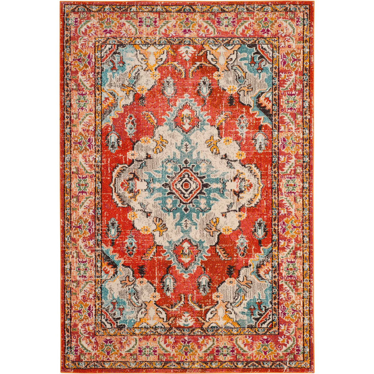 Burnt orange rug pairs a blue floral medallion with cream flourishes and vivid border details