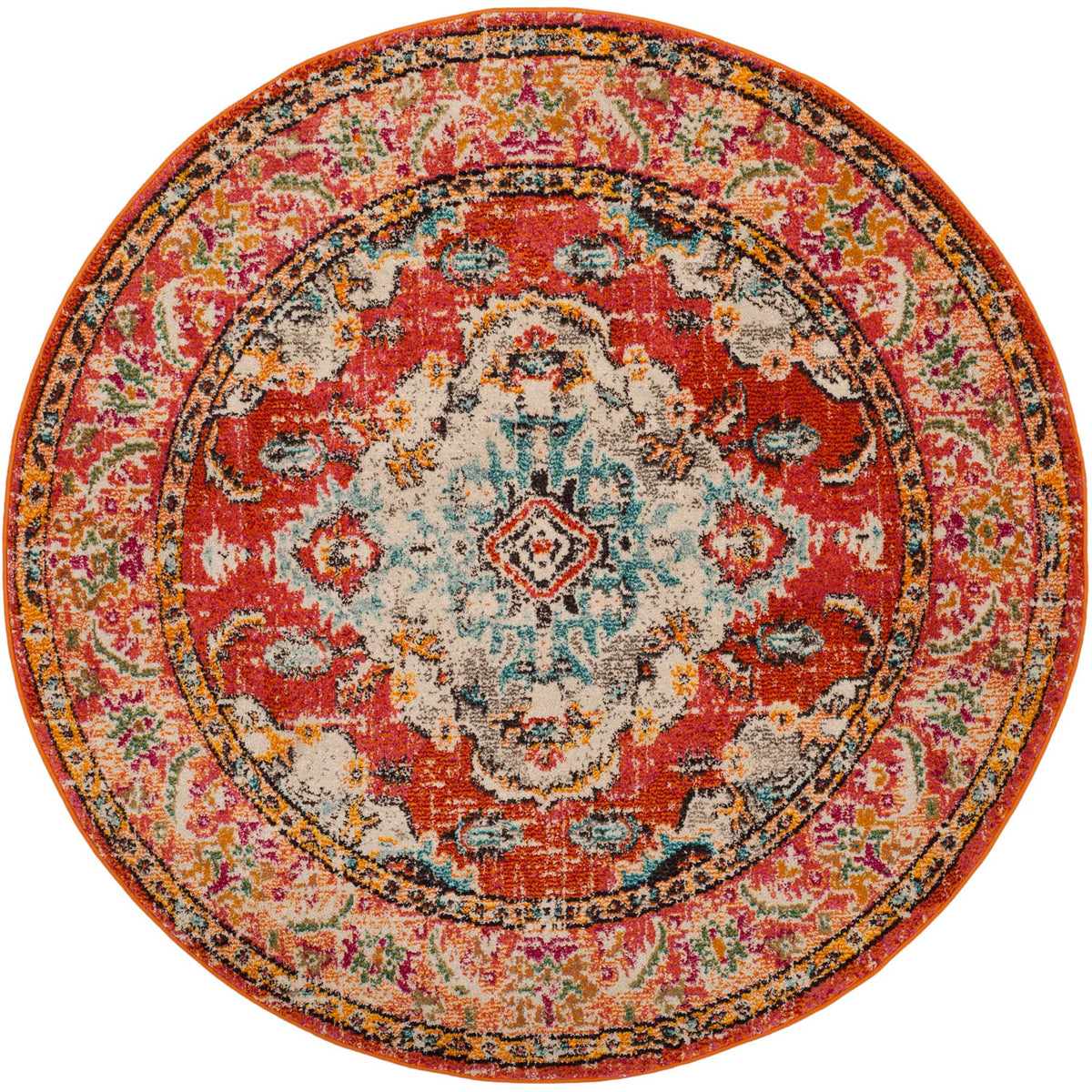 Brilliant orange and pink floral motifs encircle a cream medallion with light blue flourishes