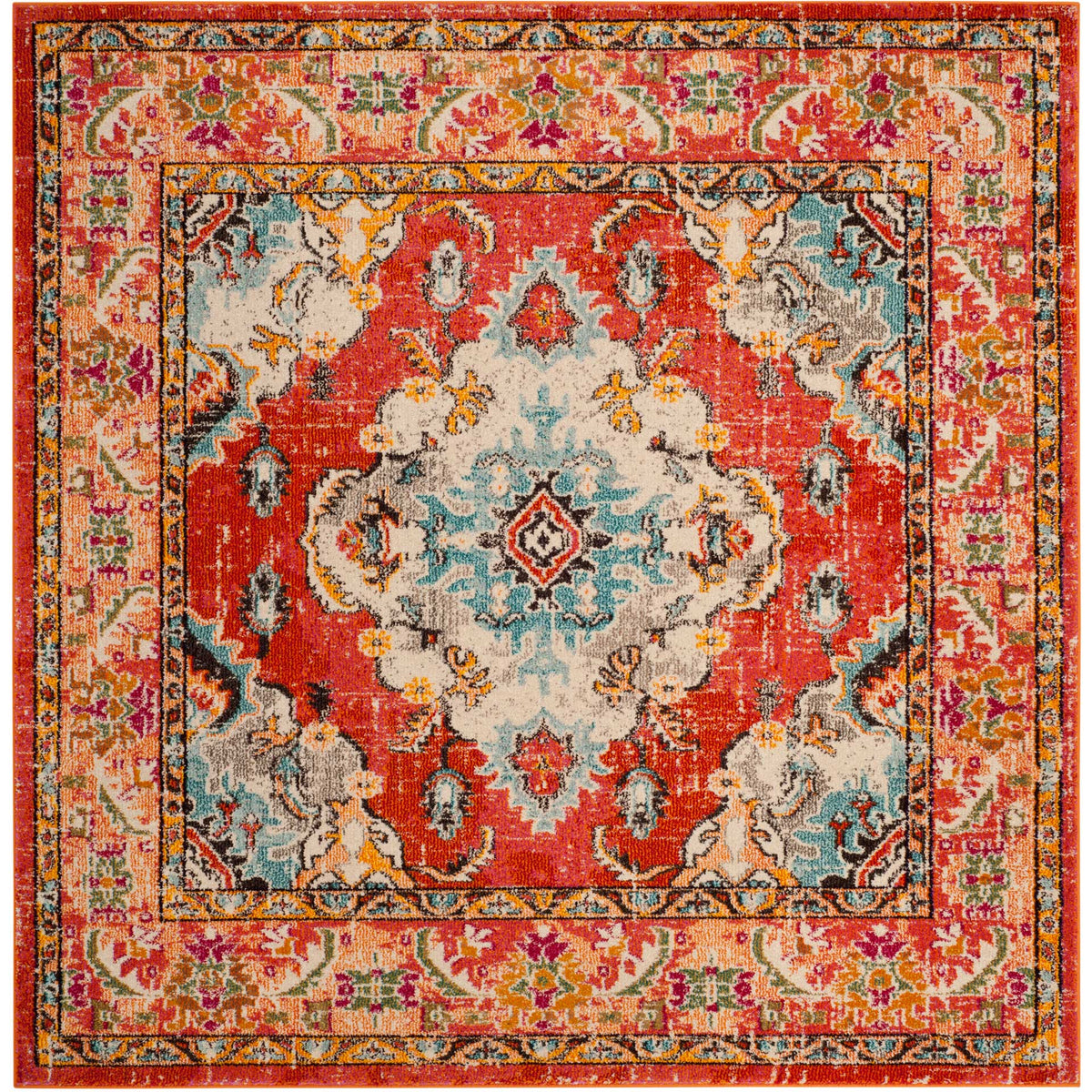 Square orange rug centers a pale blue and ivory medallion within a colorful floral frame