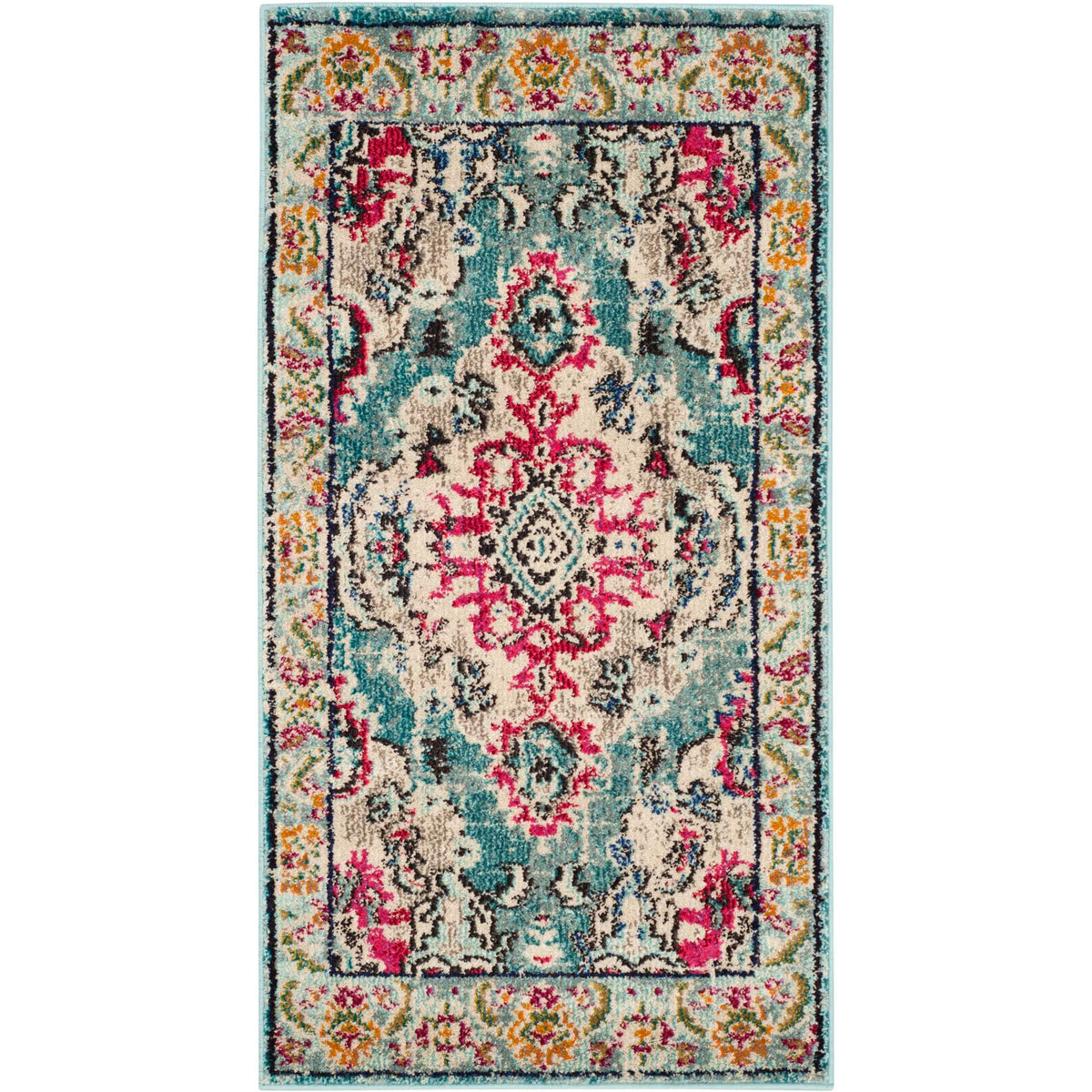 Small light blue rug with fuchsia center accents and colorful floral trim