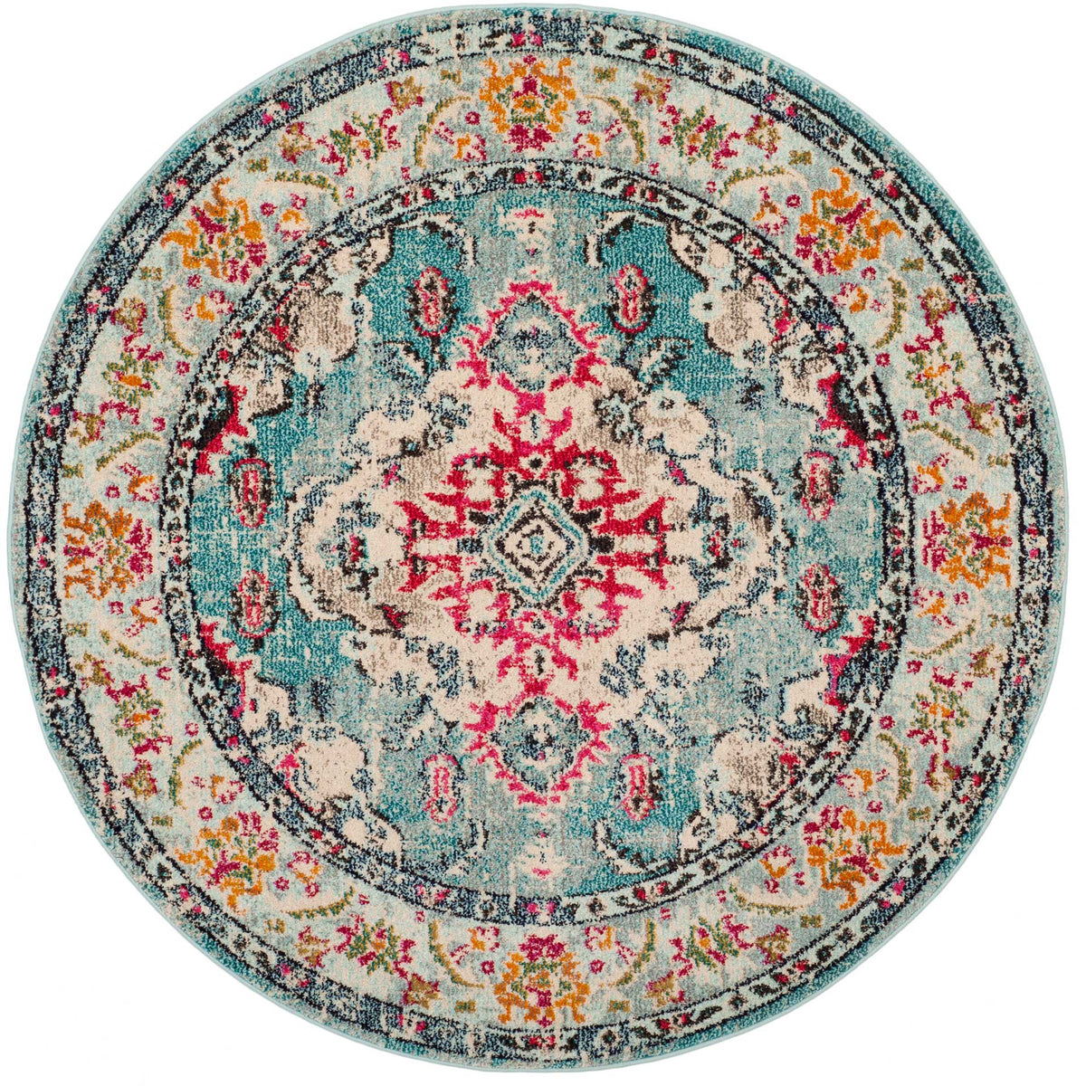 Fuchsia motifs enliven the cream medallion of this round light blue rug, framed by intricate florals