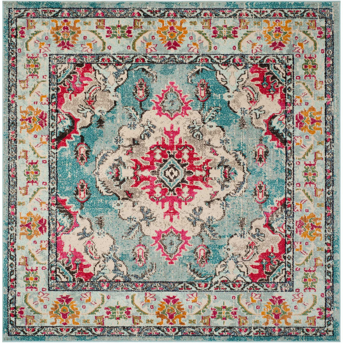 Square light blue rug features fuchsia scrollwork and a cream border filled with bright florals