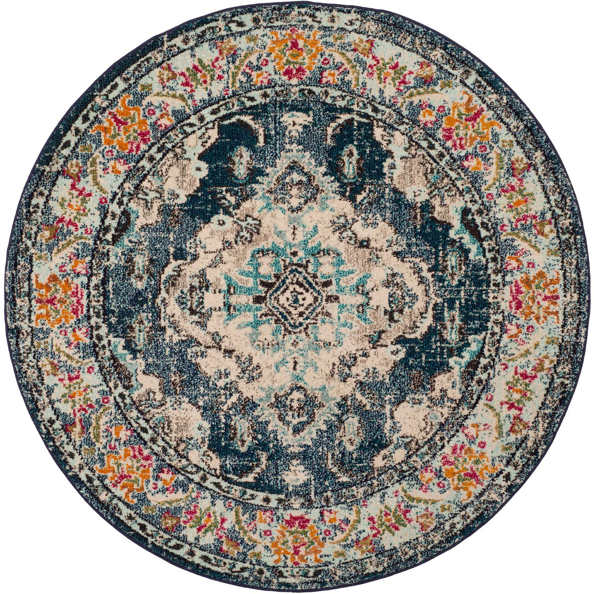 A navy field surrounds this round rug's ornate cream medallion and vibrant multicolored floral border