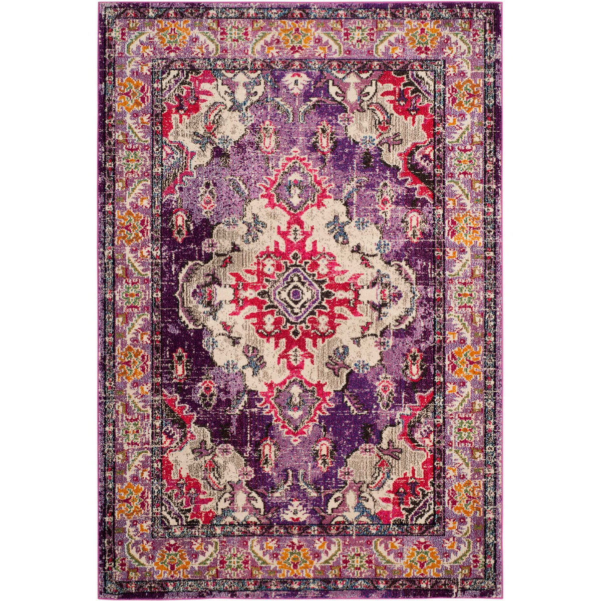Violet rectangular rug features a striking fuchsia medallion and richly layered floral border