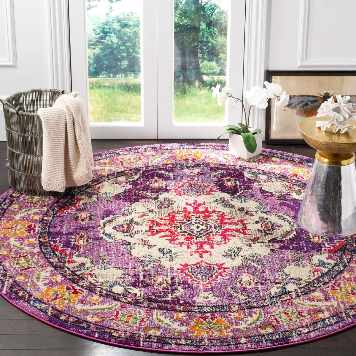 A cream and fuchsia medallion glows against a violet field, encircled by a bright floral border