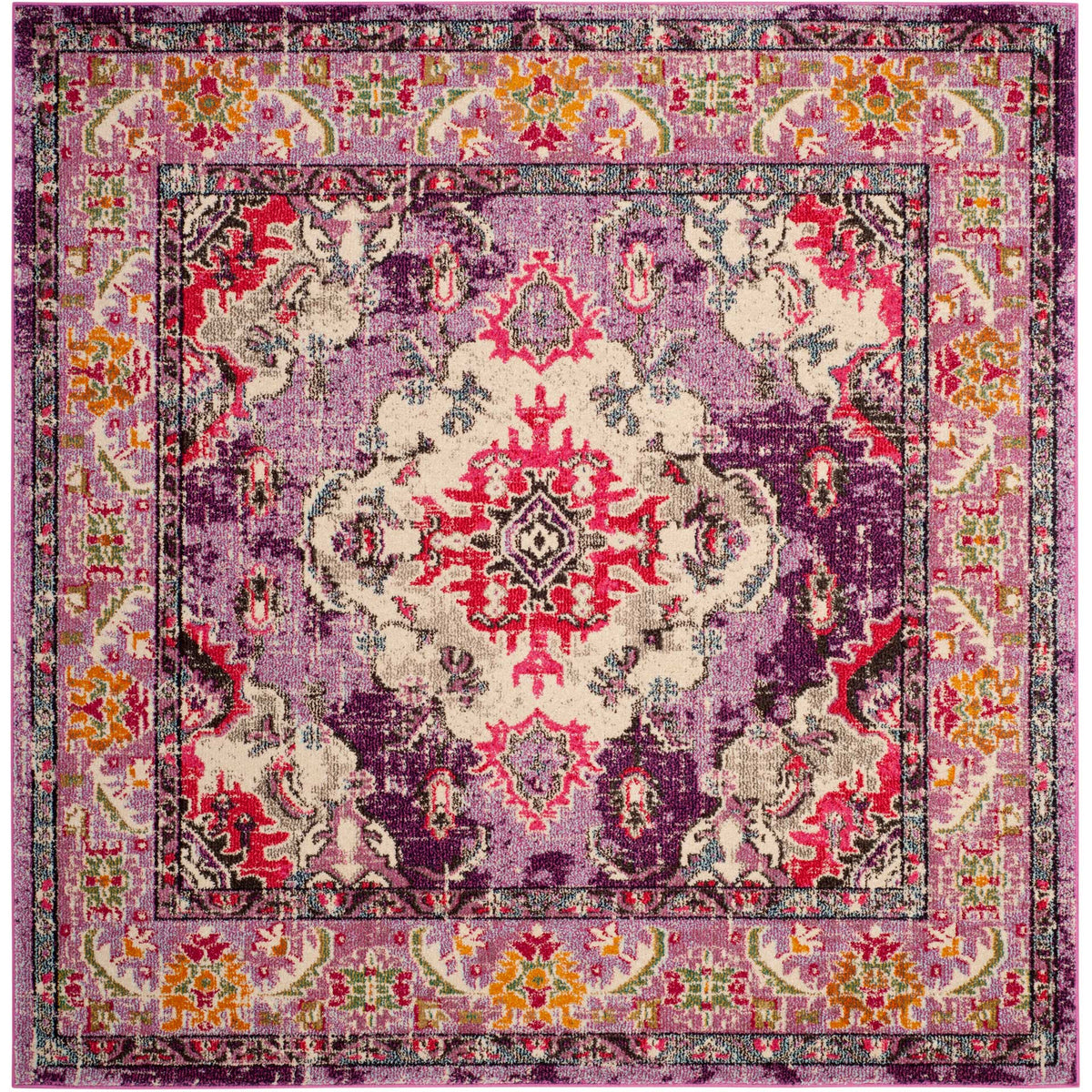 Square violet rug showcases a bright pink center framed by creamy scrollwork and colorful florals