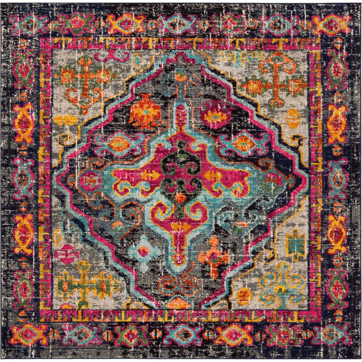 A square gray rug features a dark medallion brightened by fuchsia, turquoise, and orange flourishes.