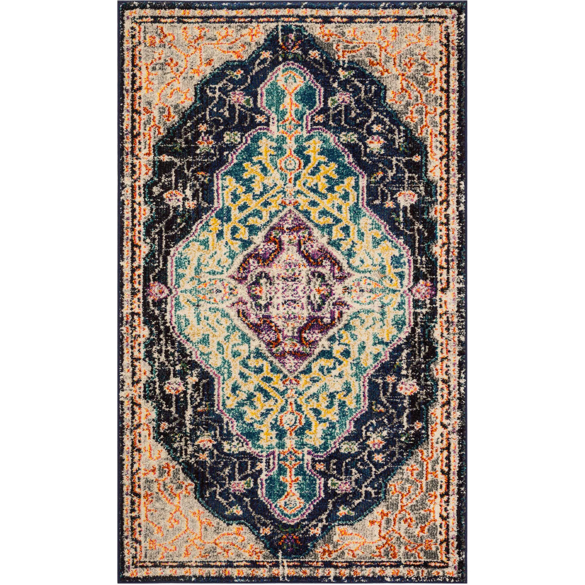 Black and blue rug with a turquoise and plum medallion framed by orange-accented borders || MNC249Z-5 || top_studio