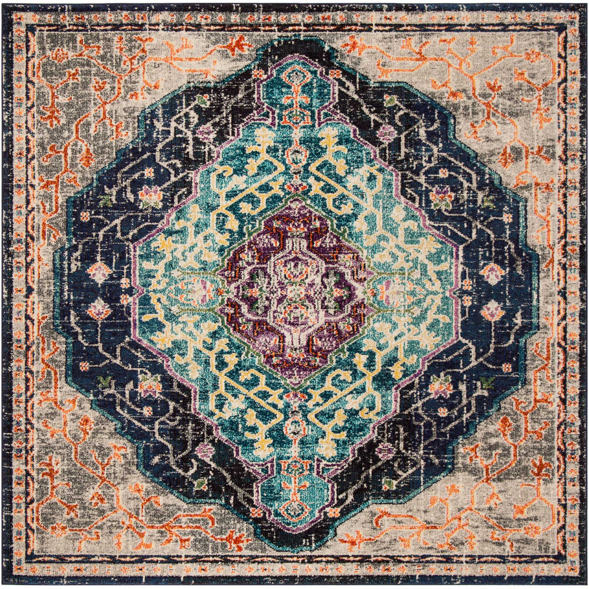 Square rug with a turquoise medallion, dark floral motifs, and an ornate orange-accented border