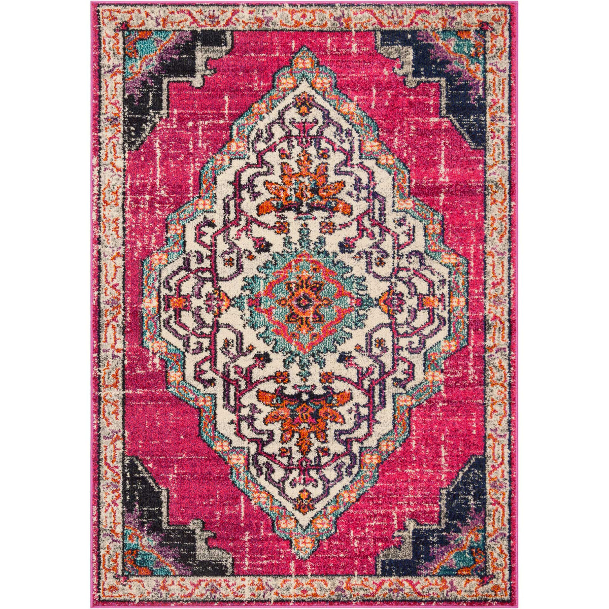 Vibrant fuchsia frames a cream medallion and contrasts with dark, multicolor corner motifs.