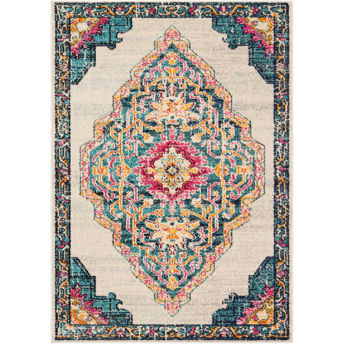 A colorful teal, coral, and gold medallion brightens this cream rug with patterned corner details.