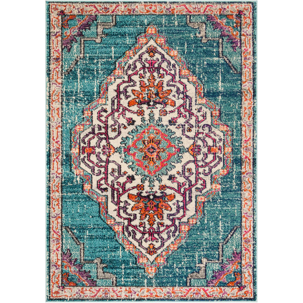 A richly patterned blue rug pairs a cream medallion with turquoise, coral, and purple detailing.