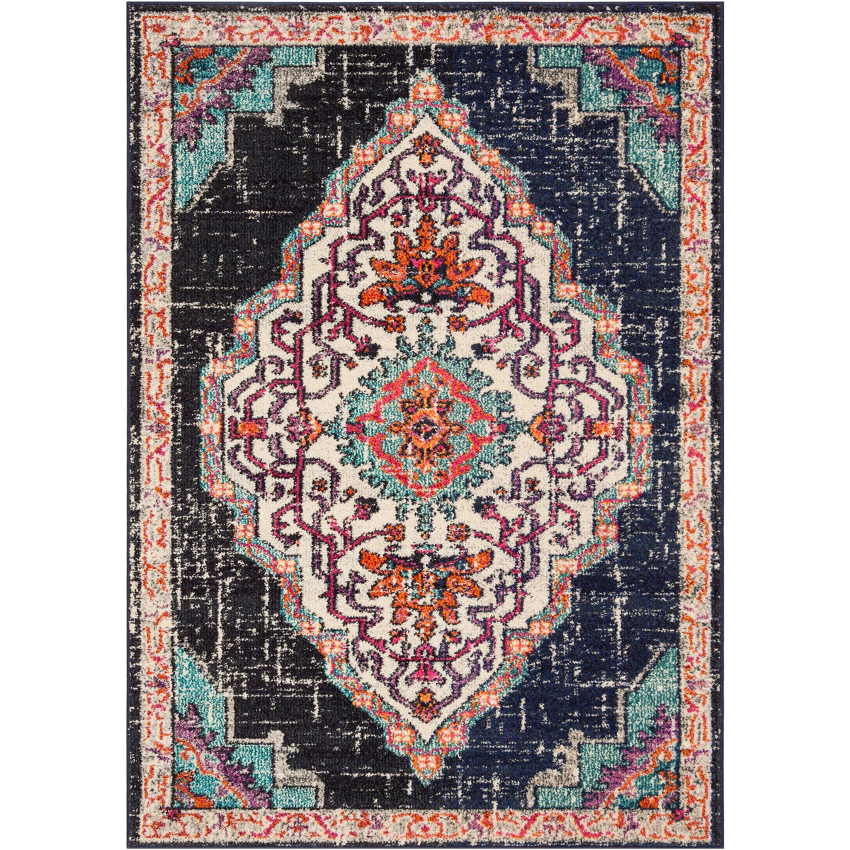 An ornate cream medallion stands out against a deep blue field and vibrant turquoise corner motifs.