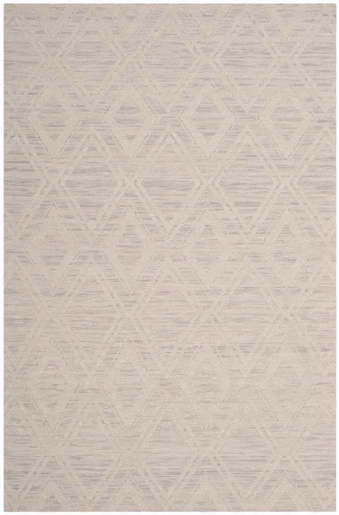 A silver and ivory 4' x 6' area rug features a faint diamond lattice and a softly striated ground.