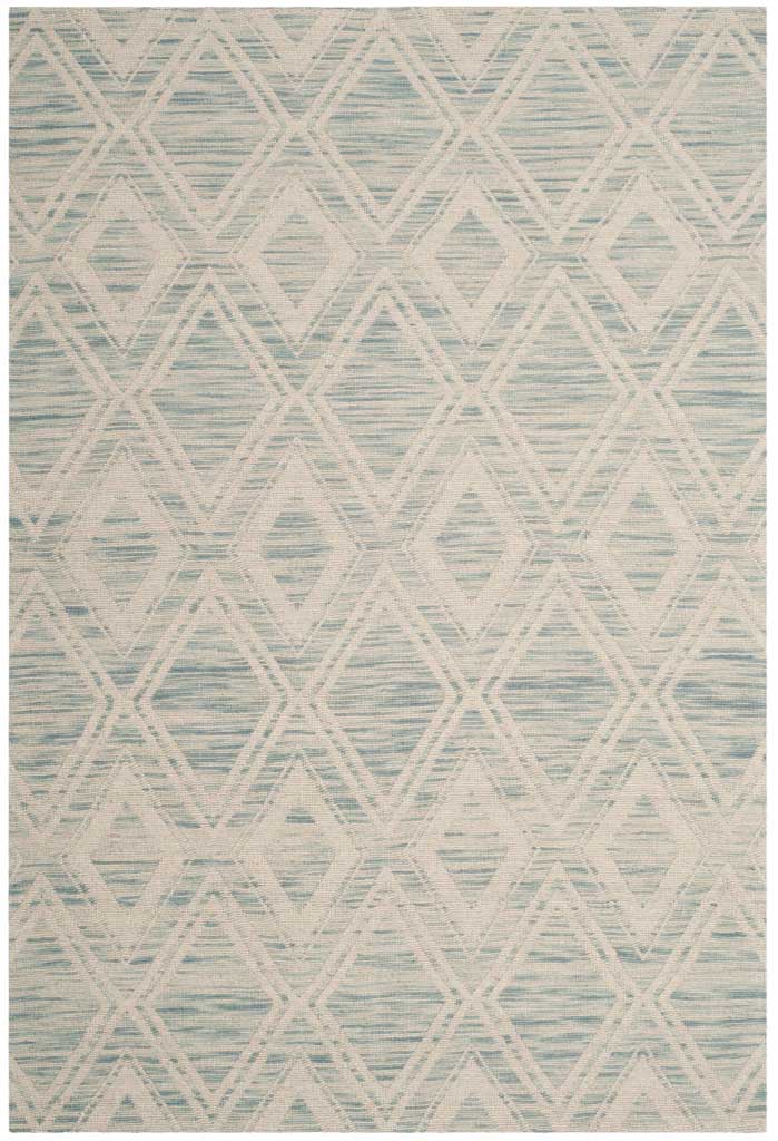 A 4' x 6' rug pairs muted light blue threads with layered ivory diamonds and a textured finish.