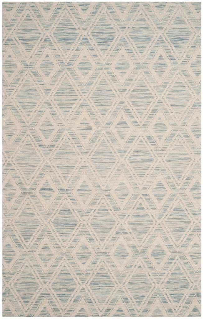 Soft blue striations peek through the ivory diamond design of this hand-loomed 5' x 8' rug.