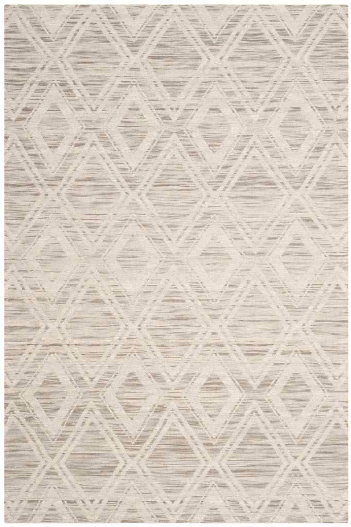 A light brown and ivory 4' x 6' rug pairs layered diamond motifs with subtle woven striations.
