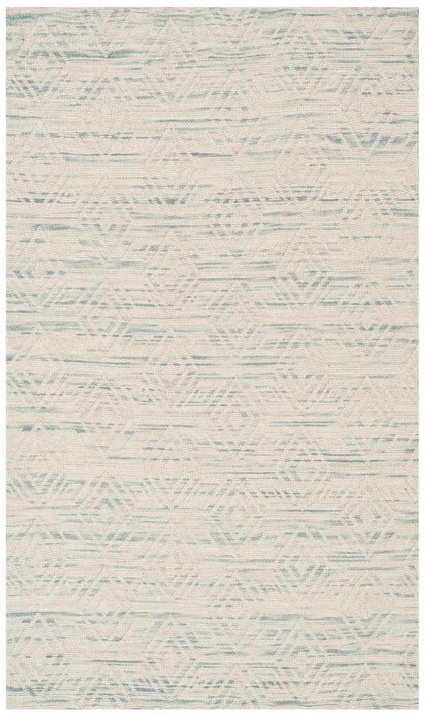A compact wool rug blends pale blue geometric shapes with a soft ivory ground