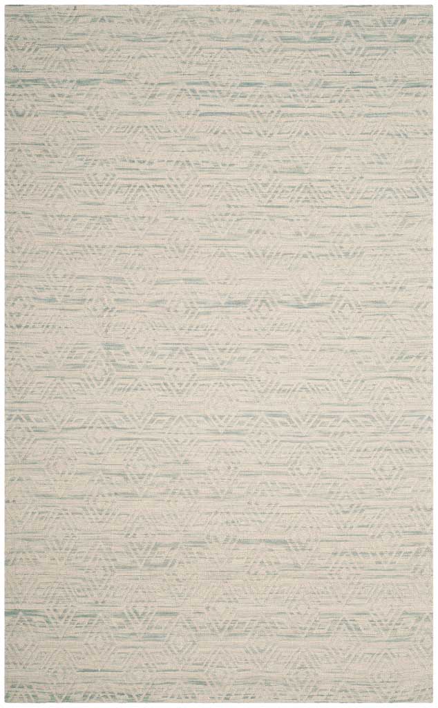 Soft blue geometric motifs and fine stripes add texture to this ivory wool rug