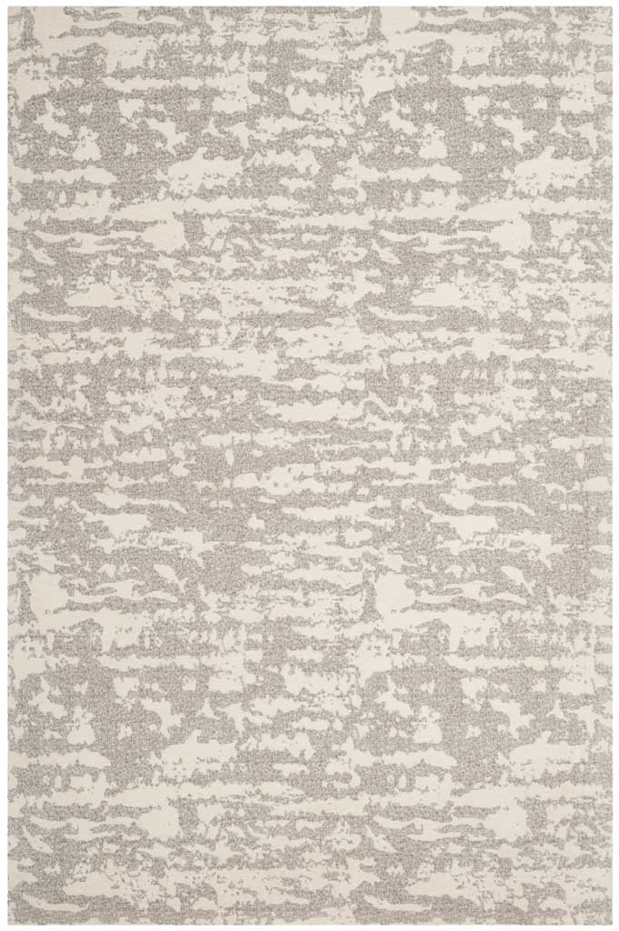 A light gray and ivory rug features flowing abstract marks and a versatile neutral finish.