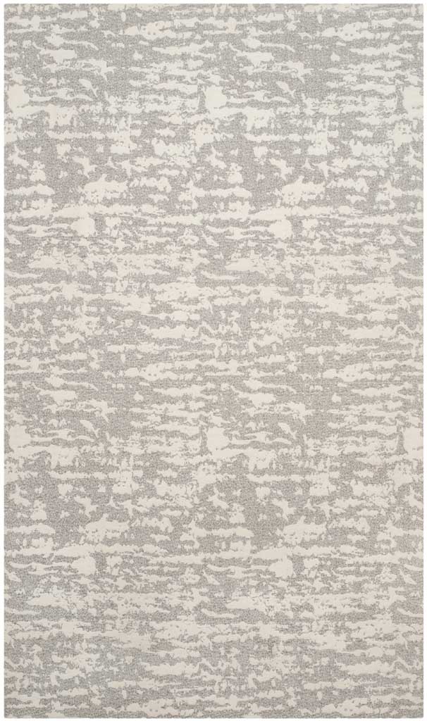 Light gray and ivory area rug adds visual depth with its layered, distressed pattern.