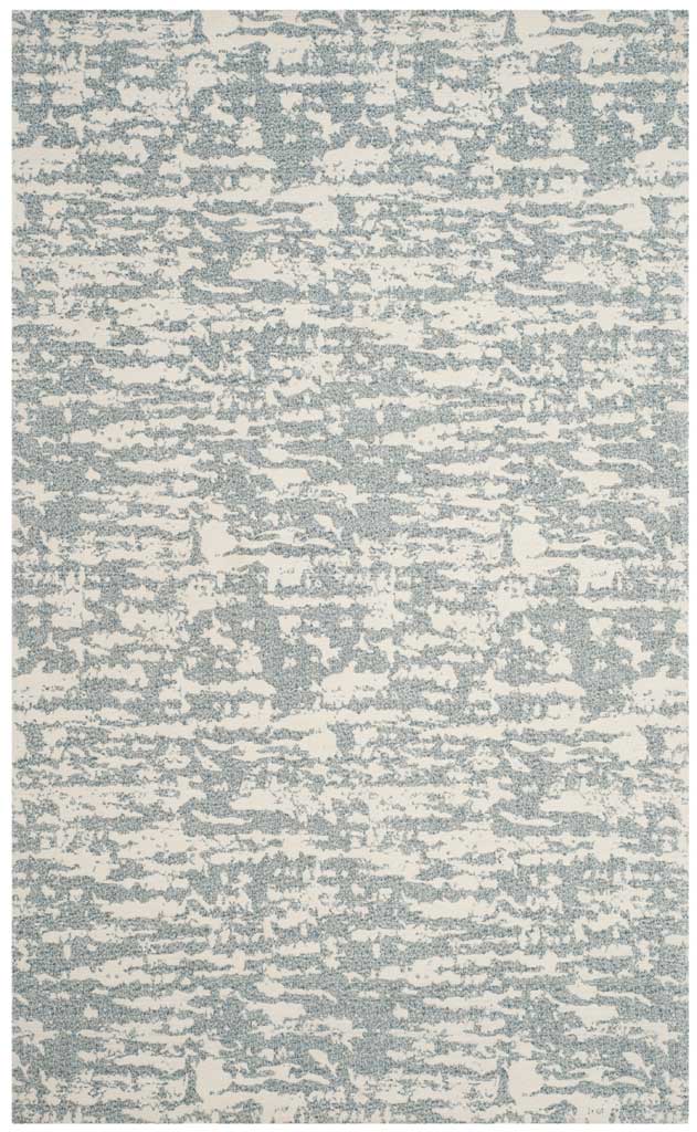 Blue and ivory area rug balances mottled abstract bands with a light, airy palette.