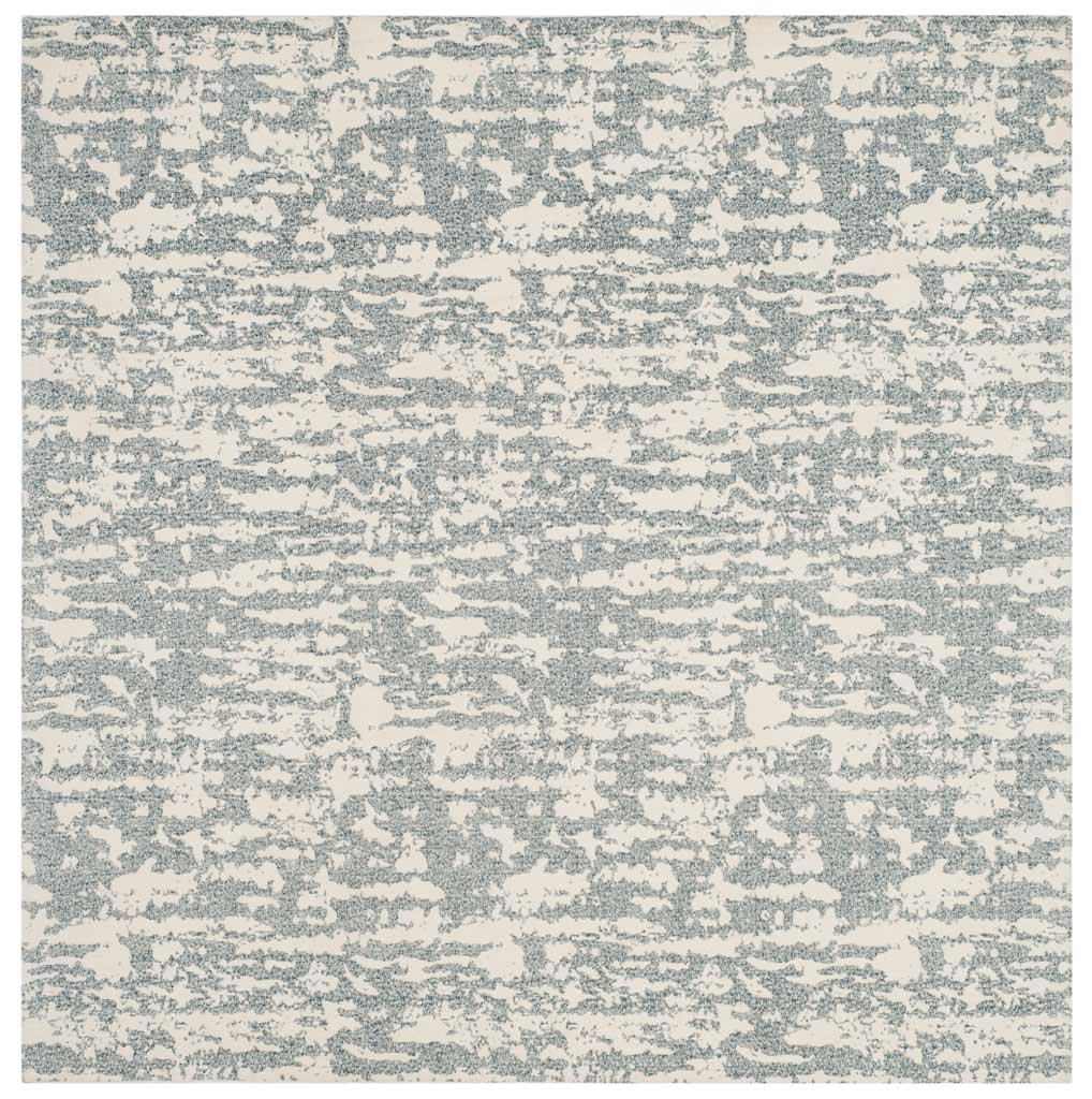 Square blue and ivory rug features organic, broken stripes that bring movement to a space.