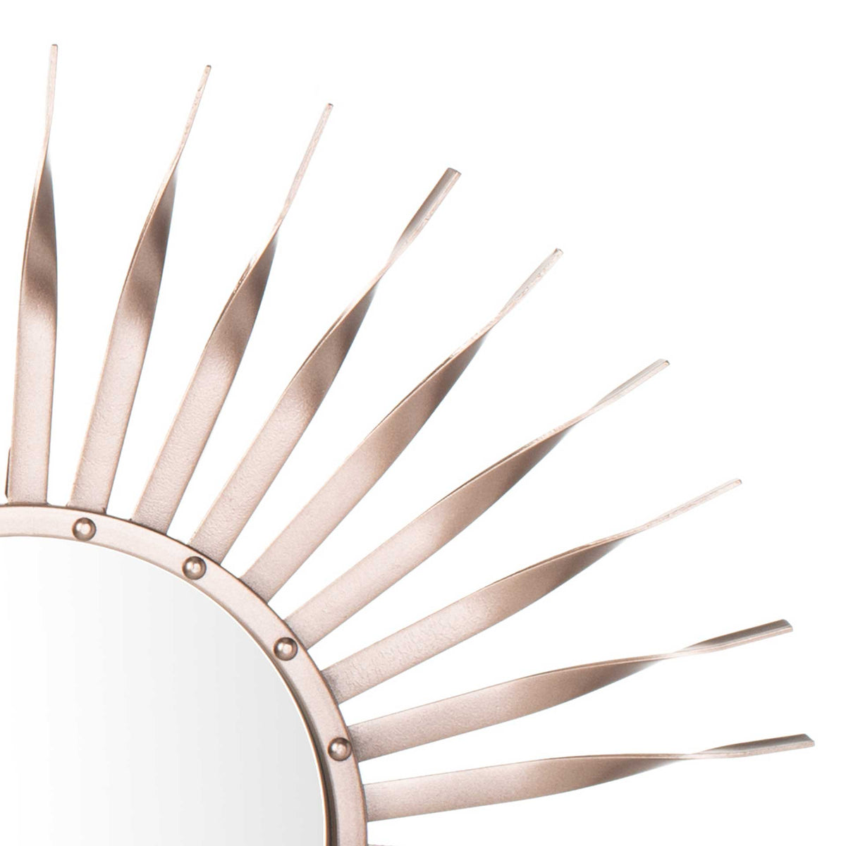 Twisted metal rays fan out from a rose gold rim with raised stud accents