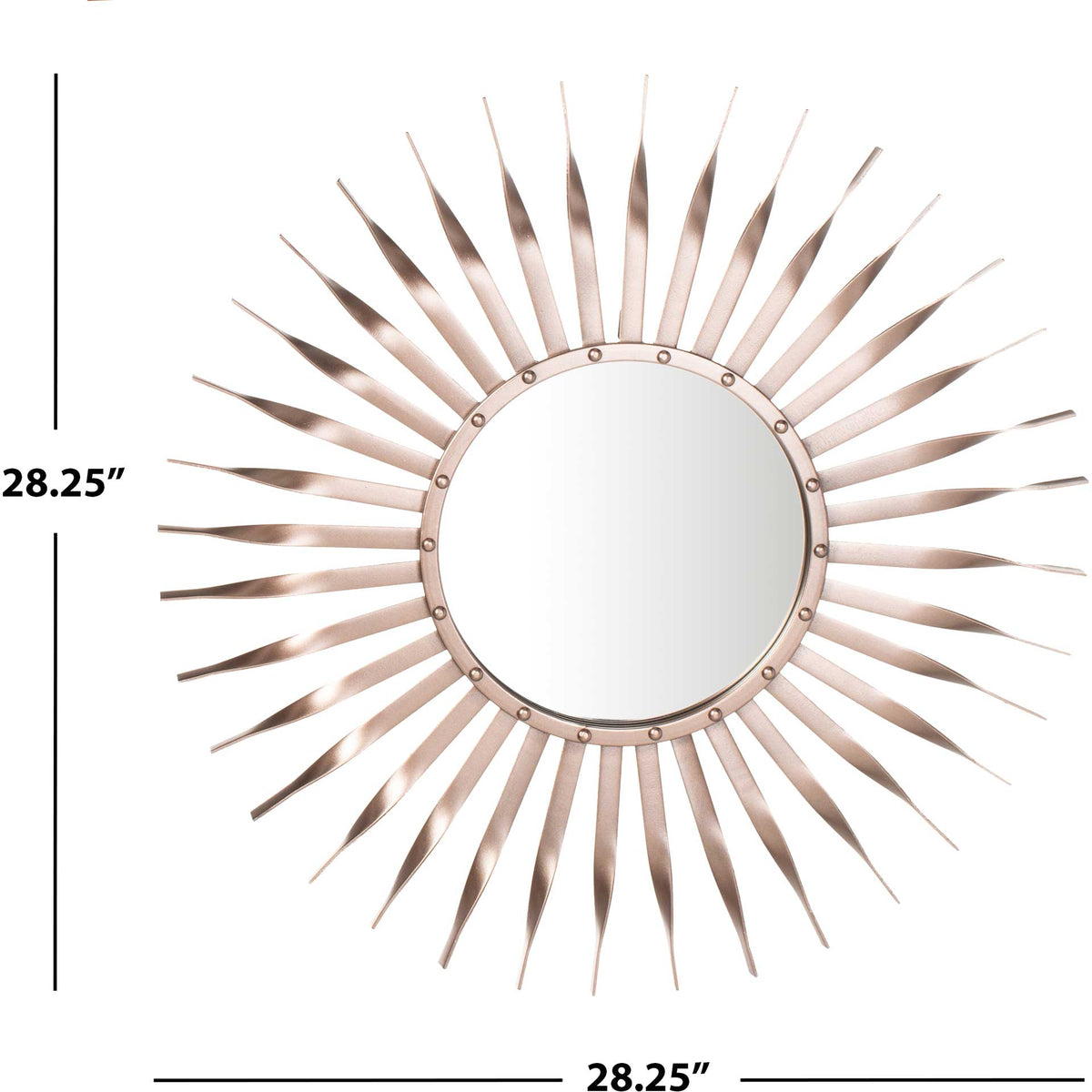 Sunburst mirror measures 28.25 inches across, with slender rose gold rays surrounding the glass