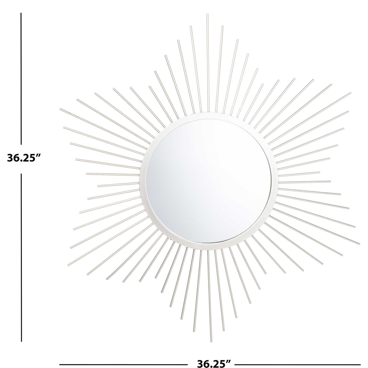 A 36.25-inch silver sunburst mirror surrounds its round reflective center with radiating rays.