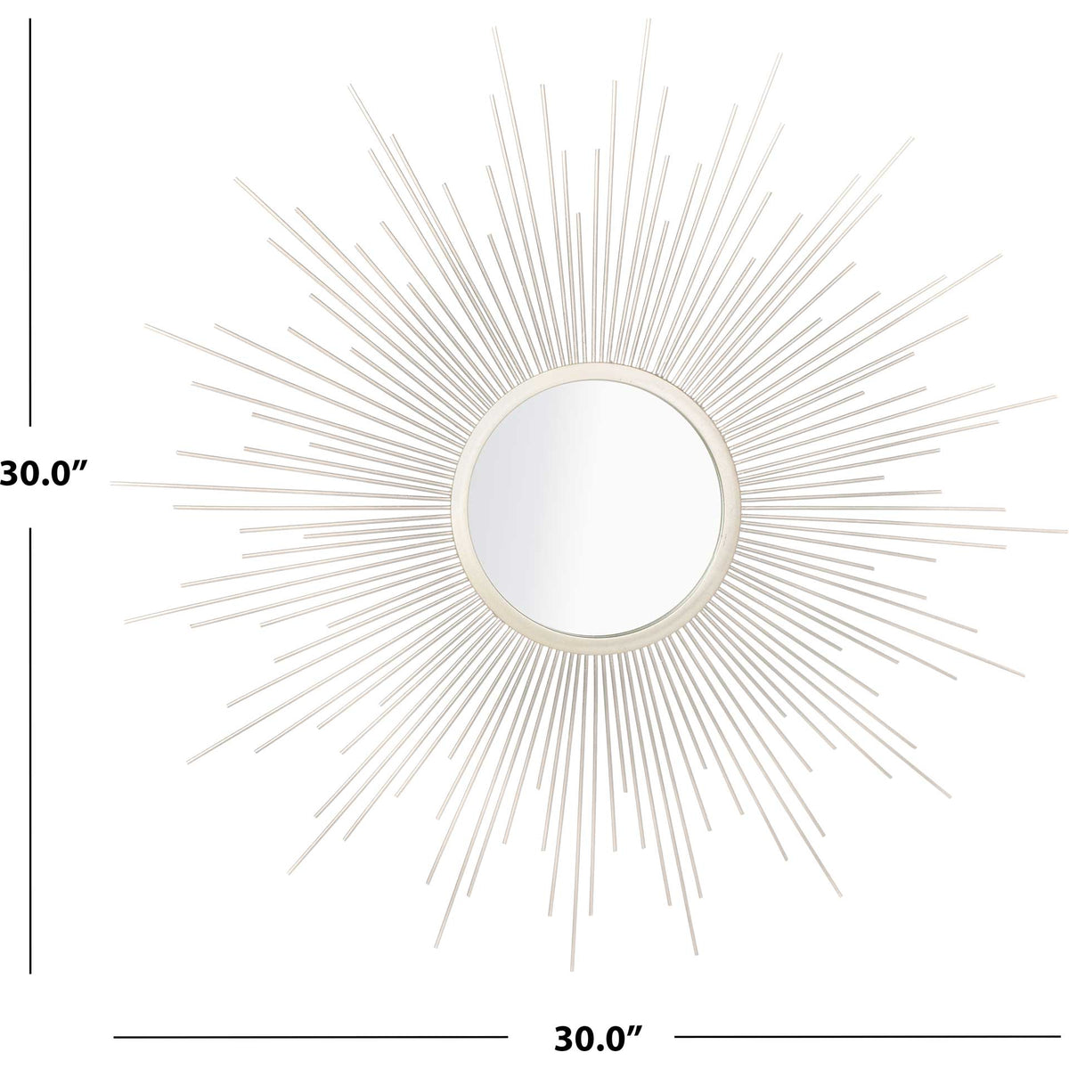 A silver sunburst mirror measures 30 inches across, with a circular reflective center