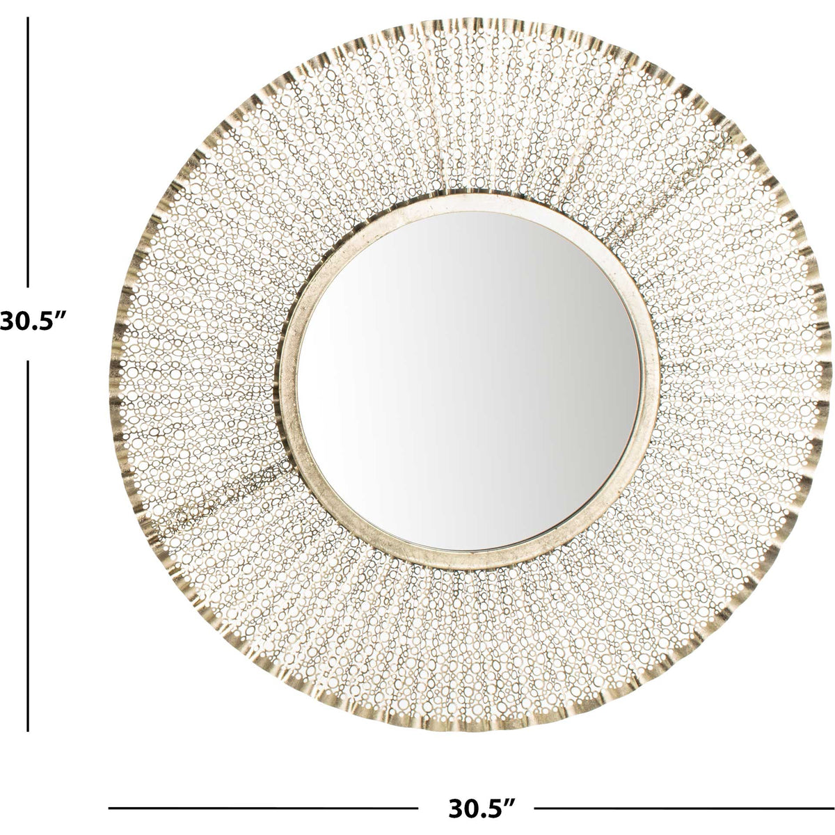 A 30.5-inch round mirror pairs a reflective center with a patterned gold frame