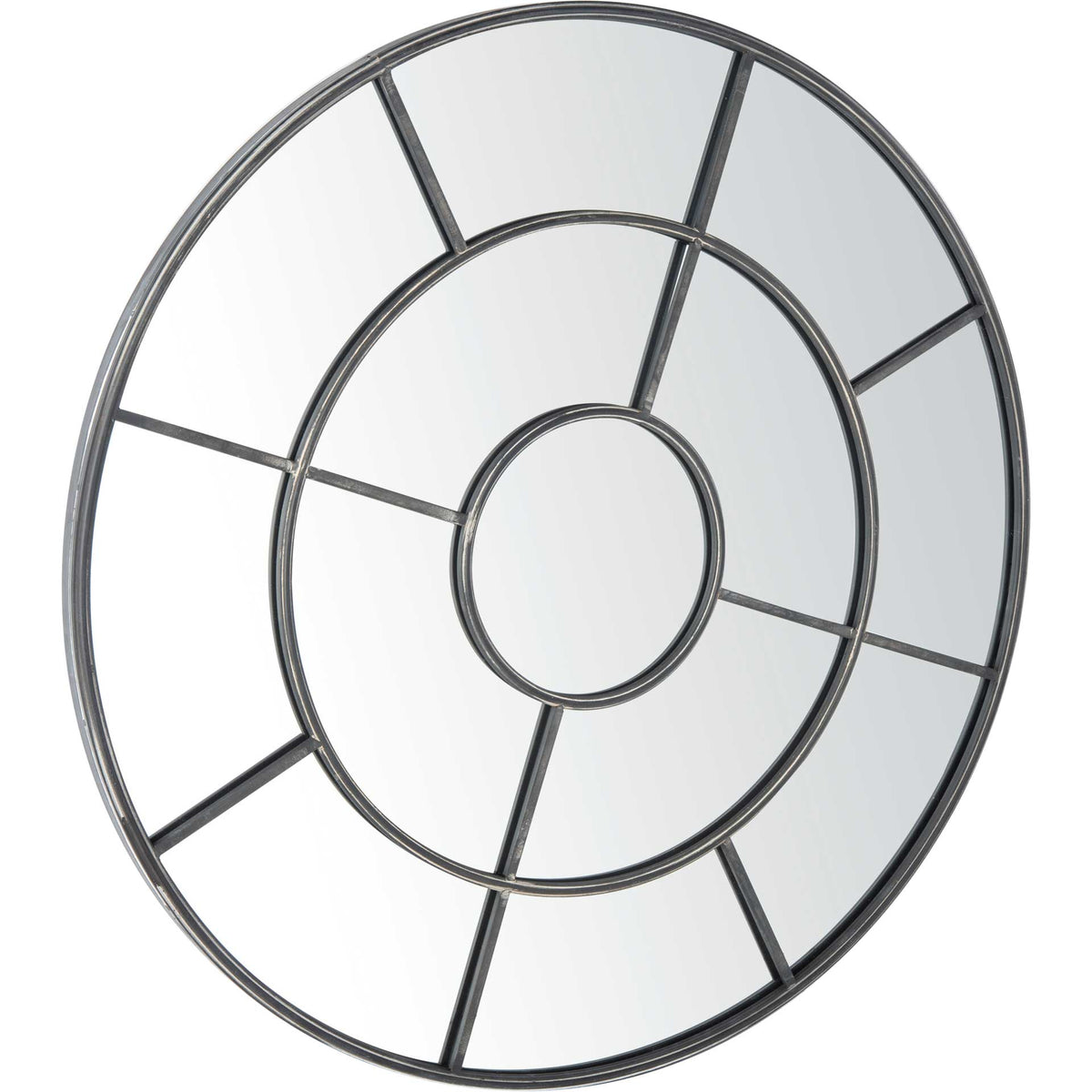 Layered gunmetal circles create depth and a window-inspired pattern on this round mirror