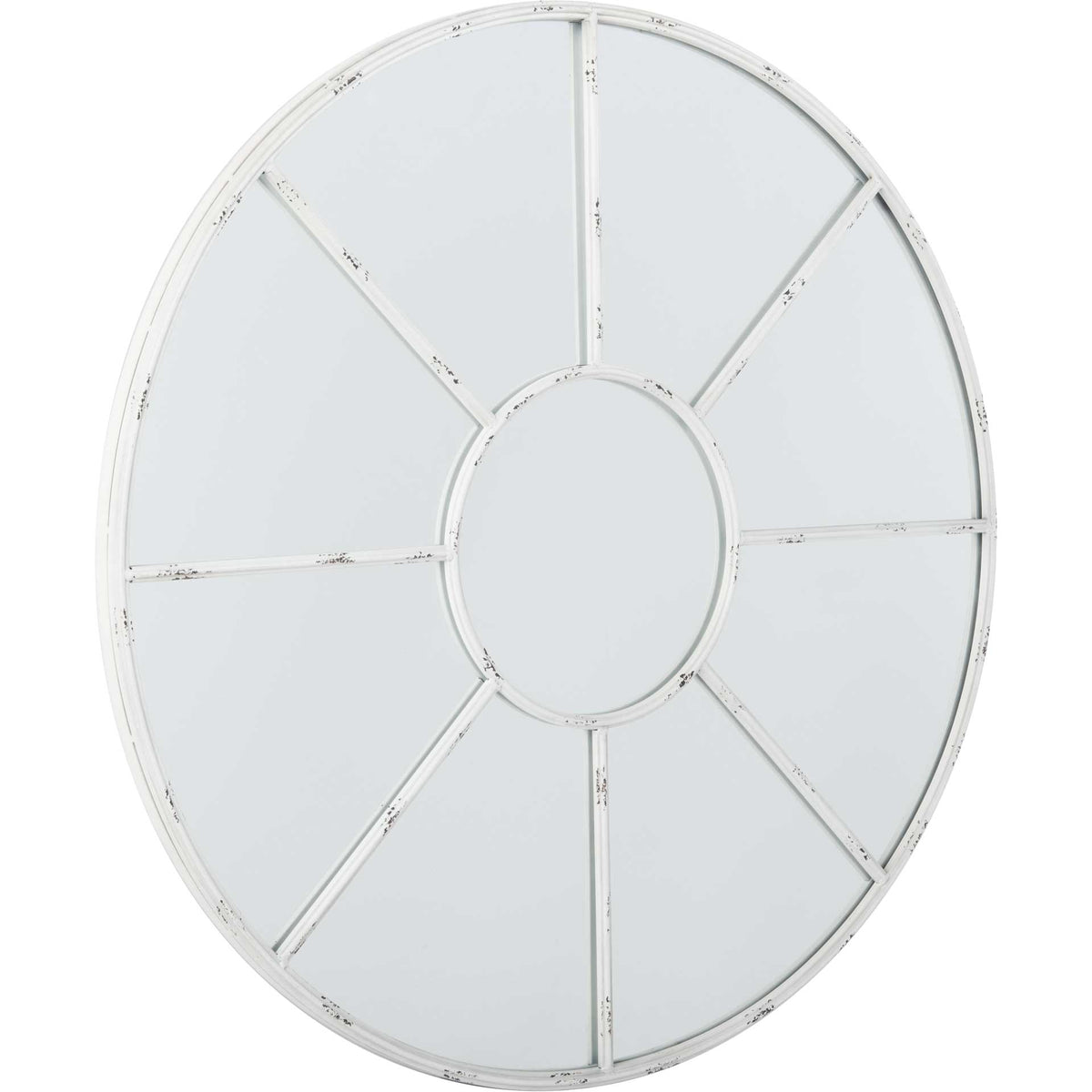 A white circular frame with subtle worn accents surrounds mirror panels and a round center