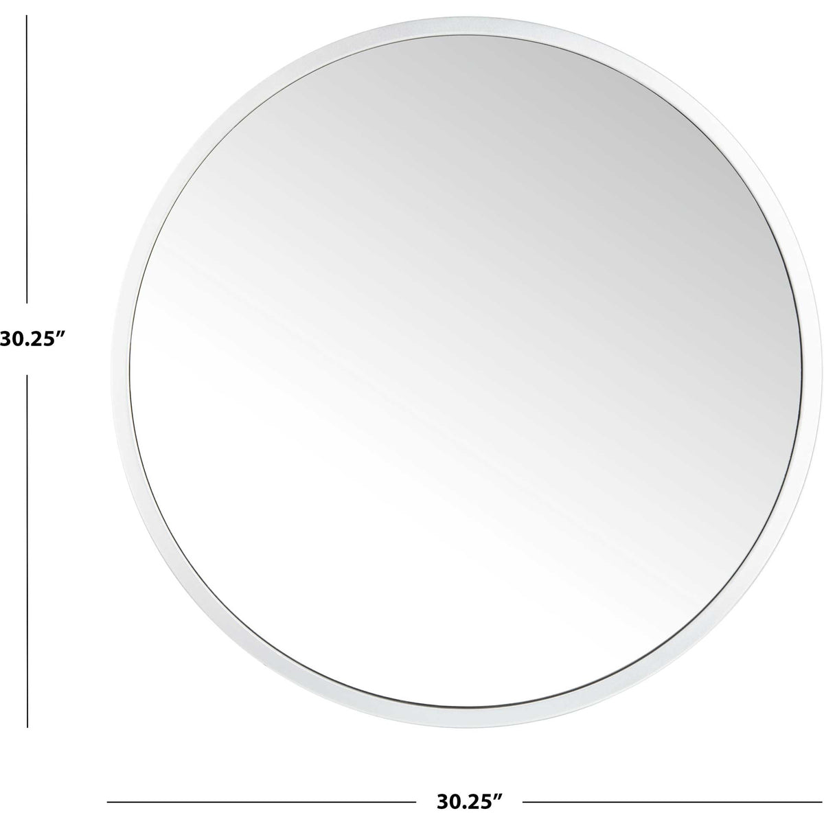 Circular silver-framed mirror measures 30.25 inches wide and high.