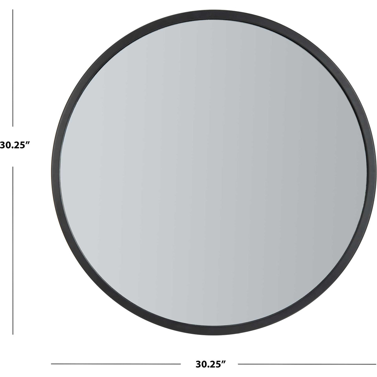 Round mirror with a black frame measures 30.25 inches wide and high.
