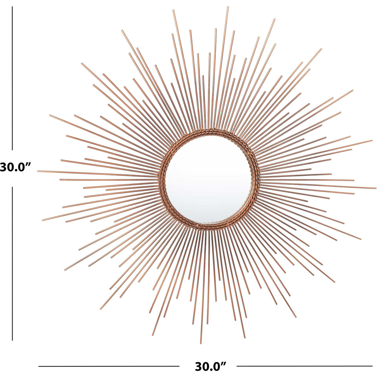 A copper-toned sunburst mirror spans 30 inches in height and width