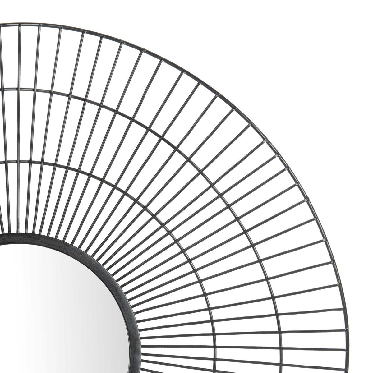 Slim black spokes cross concentric rings to form a delicate, openwork mirror border.