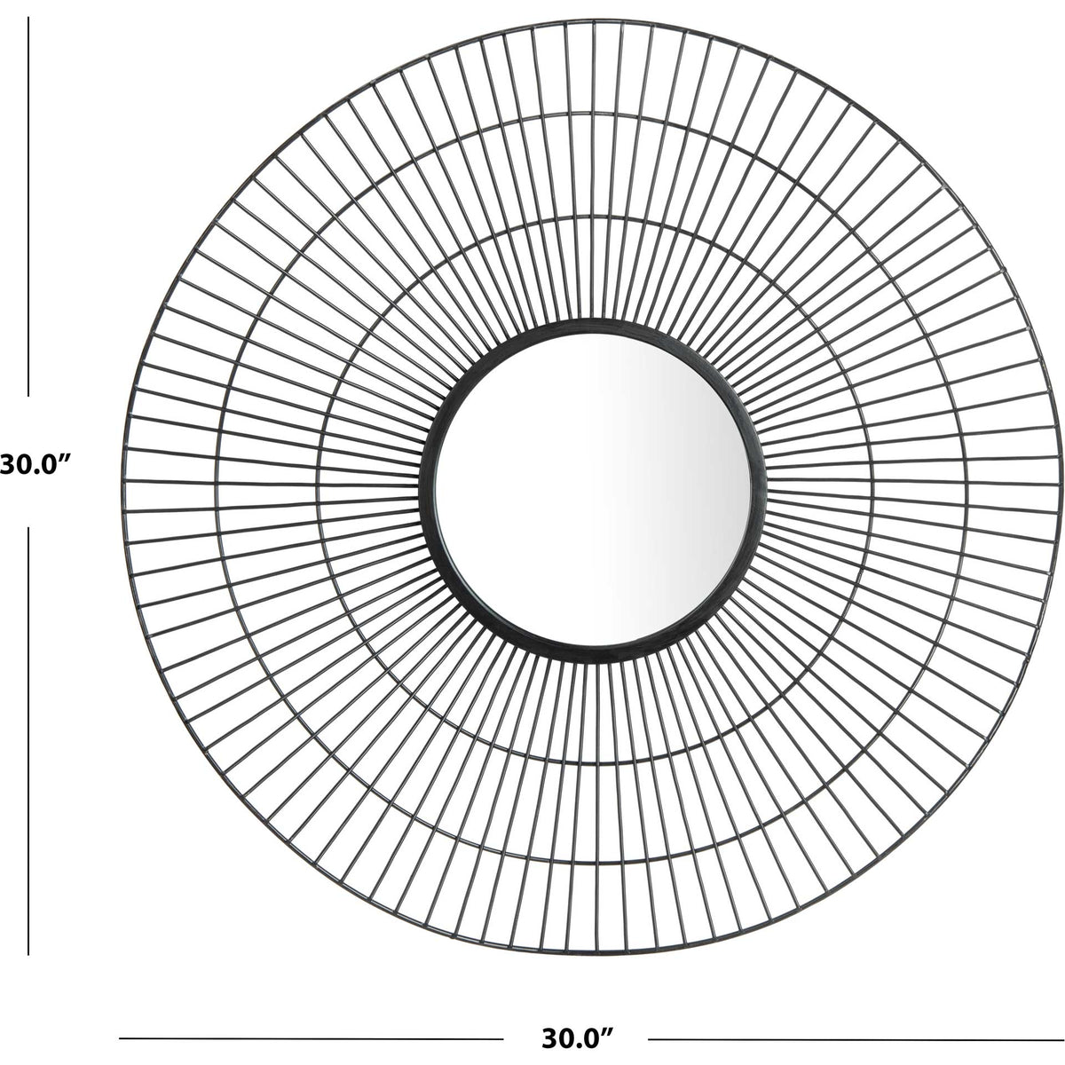 A 30-inch round mirror pairs a compact reflective center with a wide black wire surround.
