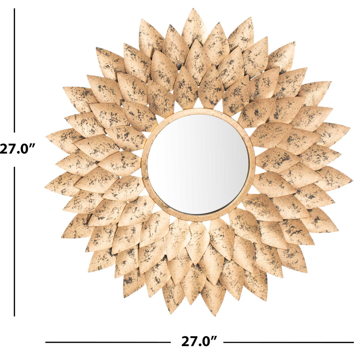 Circular mirror with a layered gold leaf frame measures approximately 27 inches across