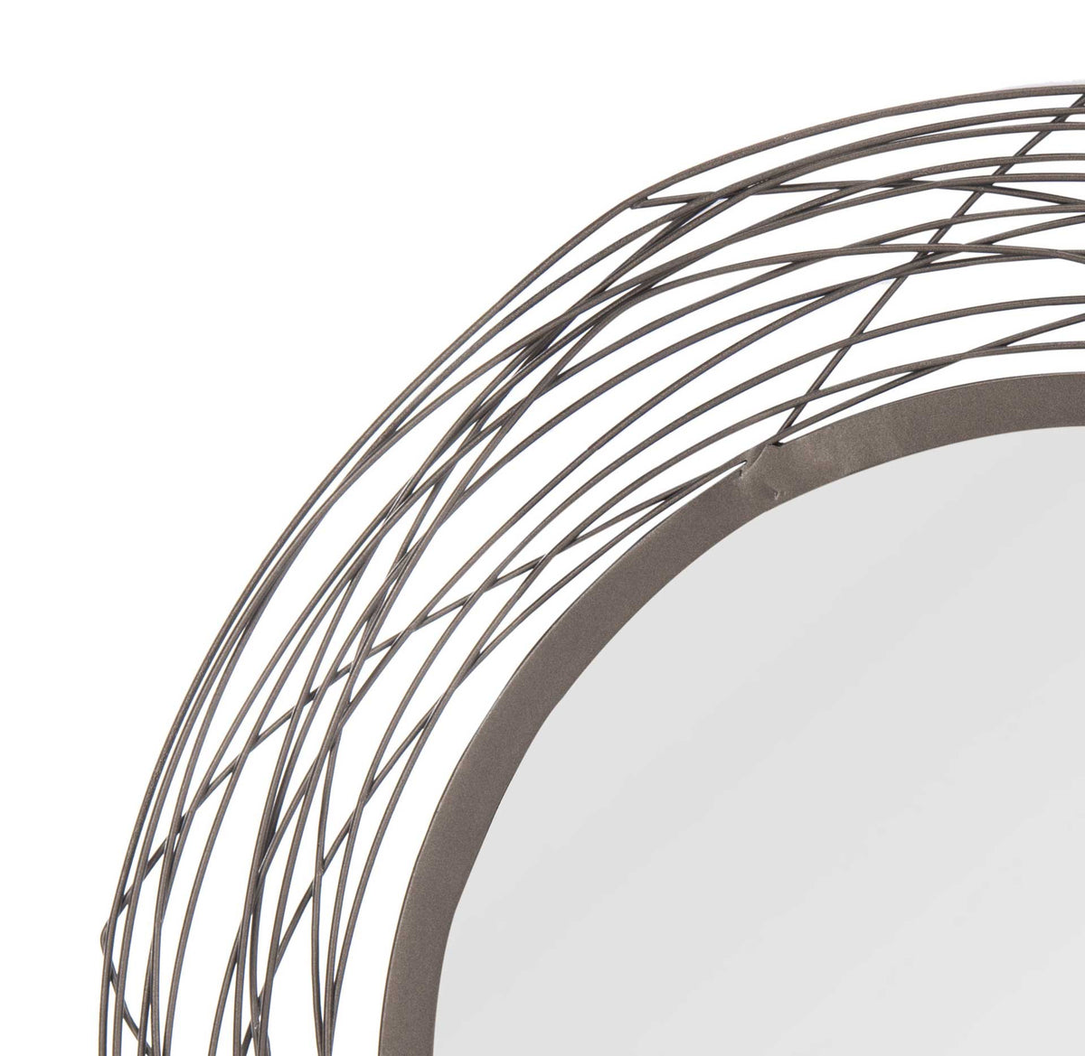 Interlacing iron wires create an airy border around the mirror's dark inner rim