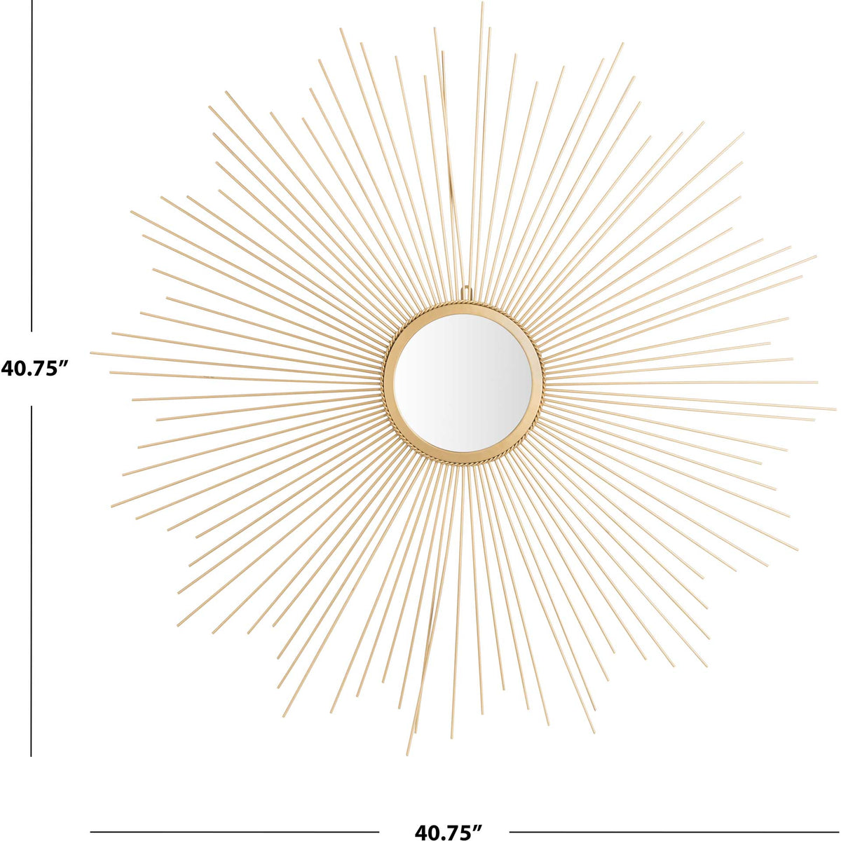 A 40.75-inch gold sunburst mirror has a round center and slender radiating rays.