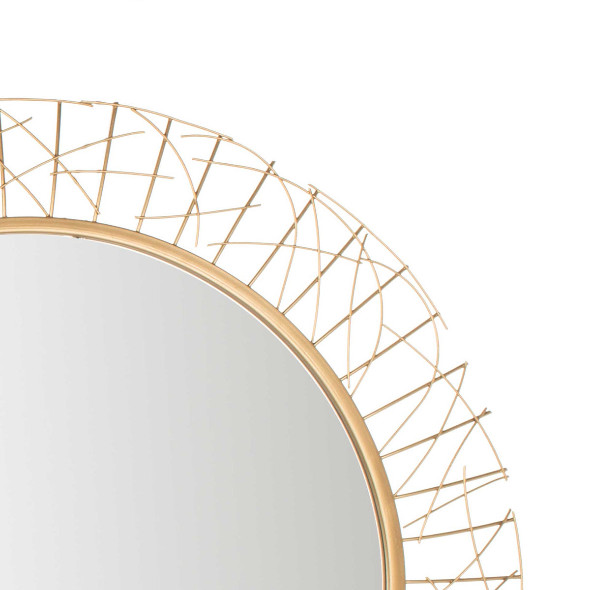 Fine gold metal rods crisscross around the mirror's circular edge