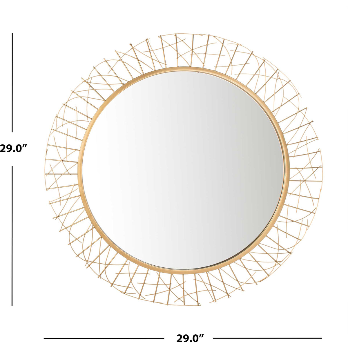 Gold geometric wall mirror measures 29 inches across