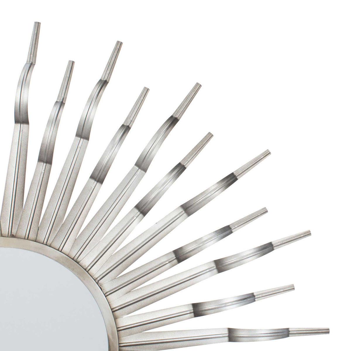 Tapered gunmetal rays show subtle bends and darker accents around the smooth mirror rim