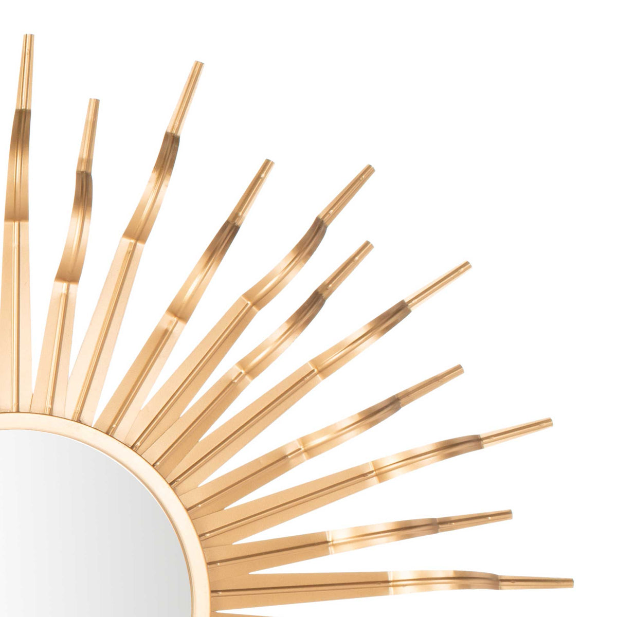 Slender gold rays have gentle bends and tapered tips around the mirror's rim