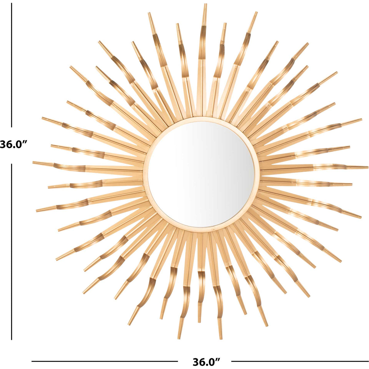 Expansive gold rays surround a round mirror, forming a bold sunburst wall accent