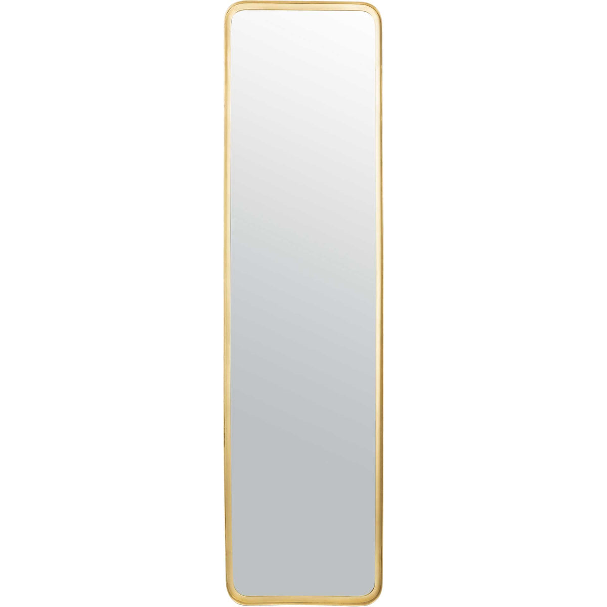 Tall full-length mirror with a slim brass-tone metal frame and softly rounded corners || MRR3003A || front_studio